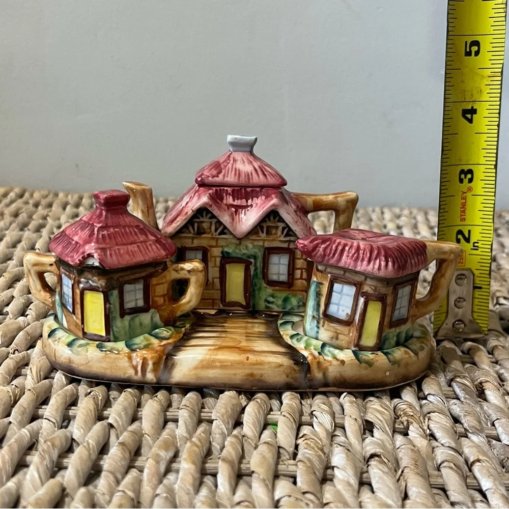 Vintage Ceramic Cottage House Base Tea Pot Set Salt Pepper Toothpick Holder 5 Pc